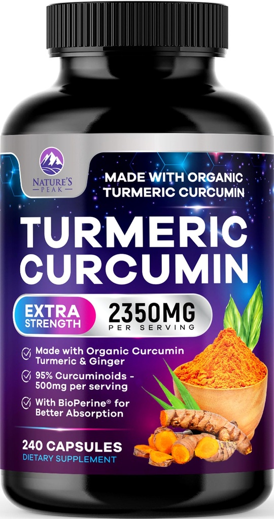 Turmeric Curcumin Supplement - 1750mg Organic Turmeric Per Serving - 95% Curcuminoids, Ginger & BioPerine Black Pepper for Best Absorption - Natural Vegan Joint Support, Bottled in USA - 240 Capsules