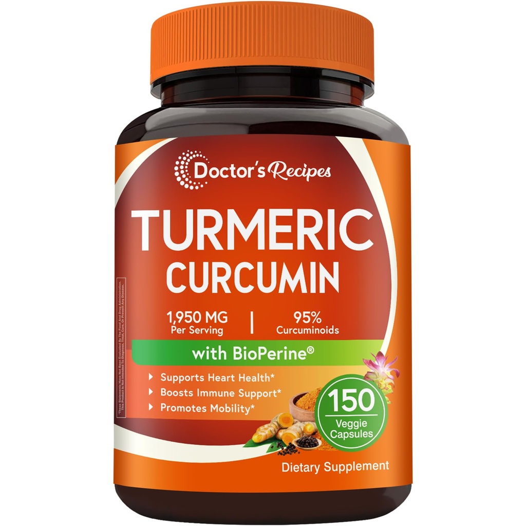 Doctor's Recipes Turmeric Curcumin with BioPerine Black Pepper, 1950mg, 95% Curcuminoids, Maximum Absorption, for Mobility, Heart & Immune Support, Vegan, 150 Capsules, Non-GMO