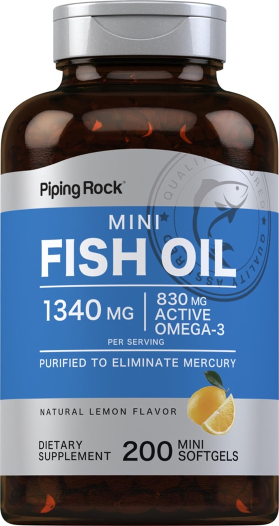 Piping Rock Mini Fish Oil 1340mg against 124; 200 Softgels against 124; Omega-3 tillæg til mænd & kvinder against 124; Lemon Flavor against 124; Non- GMO og gluten fri