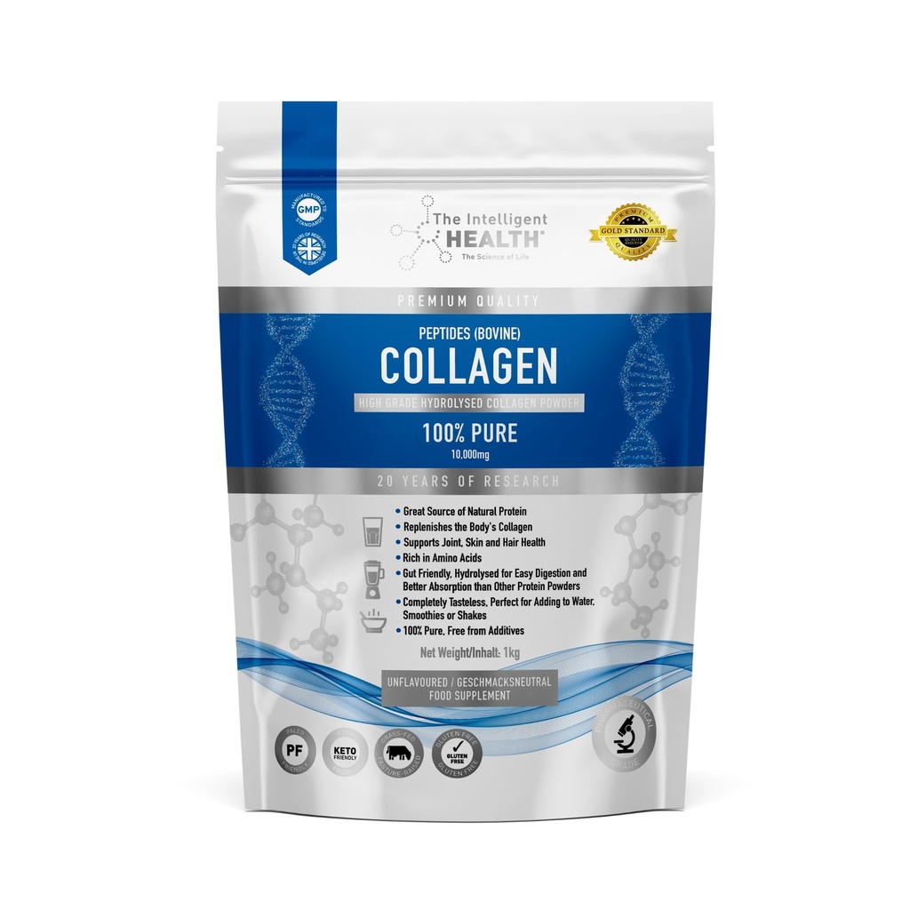 Den Intelligente Sundhed Hydrolyzed Collagen Peptider Powder, Grass Fed, High Protein, Unflavored, Gluten- Free, Paleo & Keto Friendly, 10g pr Servering (1 kg) Understøtter hud, hår, negle, joints, & Bones