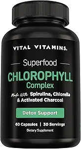 Vital Vitamin Chlorophyll piller - Body Deodorizing Supplement - Lavet med Spirulina, Chlorella, Organic Persley, Mint, & Aktiveret Charcoal - Defeat Odor naturligt - for kvinder og mænd - 60 kapsler