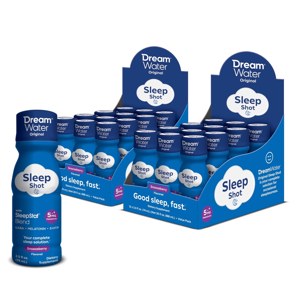 Dream Water Natural Sleep Aid, GABA, MELATONIN, 5-HTP, 2,5 oz Shot, Snoozeberry, 24 Grev Economy Value Pack