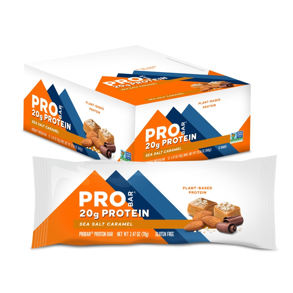 PROBAR Plant-Based Protein Bars – 20g Protein, Gluten Free, Non-GMO, Dairy Free Vegan Snack, No Sugar Alcohols, Whole Food Ingredients, Post Workout Energy Bar for Active Lifestyles (Sea Salt Caramel, 12 Count)