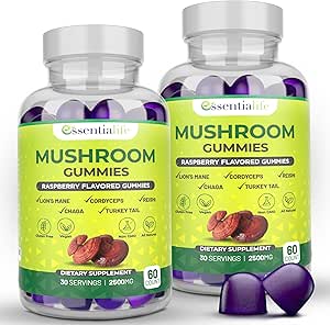 Mushroom Gummies Lions Mane Supplement Mushroom supplement med Lions Mane, Tyrkiet Tail, Cordyceps, Reishi, Chaga Extract Mea124; Brain Sundhed og immunforsvar Gummies, 120 Greve