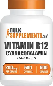 BulkSupplements.com Vitamin B12 Kapsler - som Cyanocobalamin, Vitamin B tillæg, Vitamin B12 200 mcg - Energy Vitaminer, Gluten Free, 1 Kapsel per Servering, 500 Kapsler (Pakning med 1)