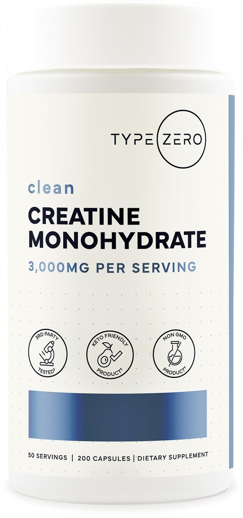 Type Zero Clean Creatine Monohydrate Capsules - Pure Micronized Creatine Supplement - 3,000mg per Serving, 200 Creatine Pills, 50 Servings