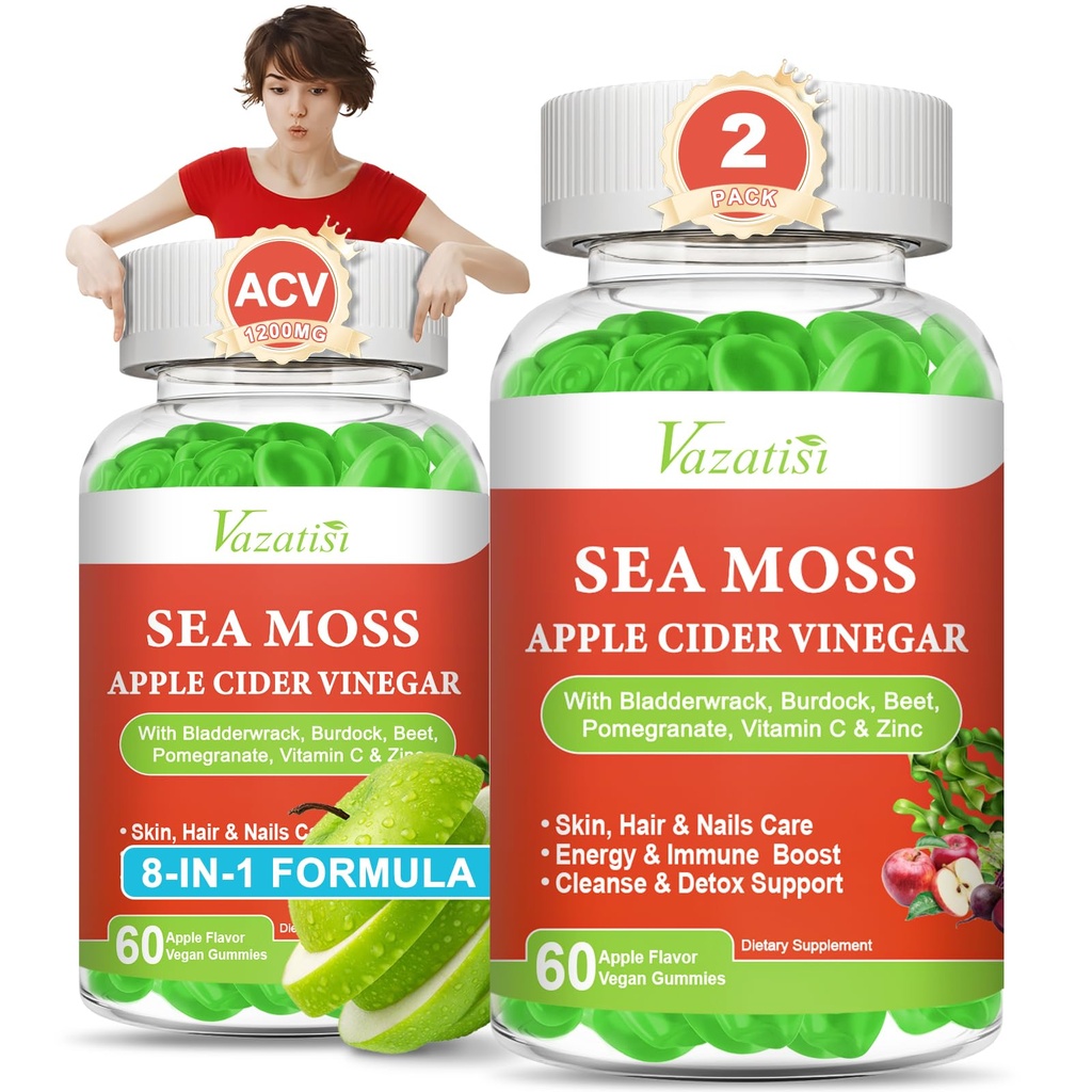 2 Pack Apple Cider Vinegær Gummies, ACV med Sea Moss Gummies for Metabolisme, fordøjelse, Detox, Gut & immunforsvar Sundhed, Apple Smaget -120 Tæl