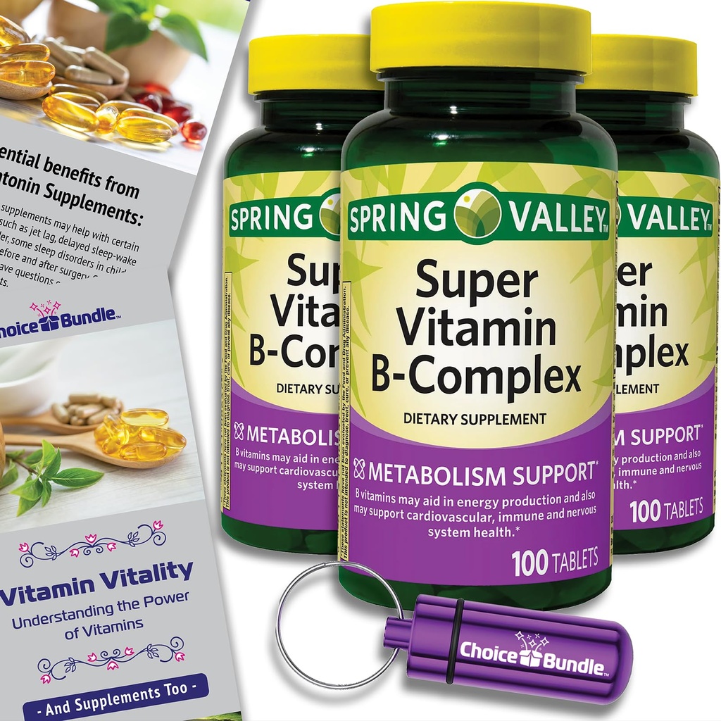 Spring Valley Super Vitamin B-Complex Tablets Metabolism Support 100 Ct 3 pk (300 Total) + Vitamin Vitality & Pill Container (5 Items)!