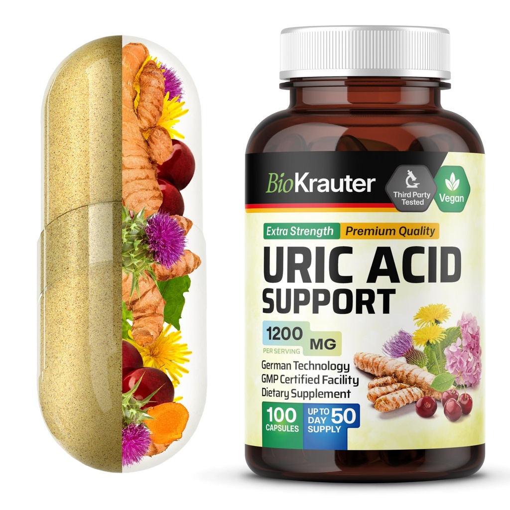 BIO KRAUTER Uric Acid Support Capsules 1200 mg Blend - 100 Greve - Nyre Supplement w / Tart Cherry 10: 1 Extract - Milk Thistle & Gurkemeje Extract - Vegan