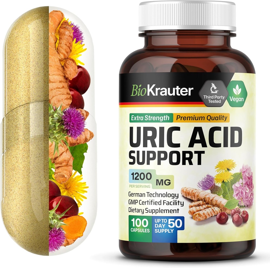 BIO KRAUTER Uric Acid Support Capsules 1200 mg Blend - 100 Greve - Nyre Supplement w / Tart Cherry 10: 1 Extract - Milk Thistle & Gurkemeje Extract - Vegan