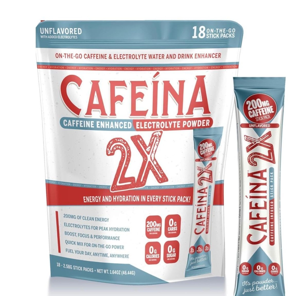 CAFEINA 2X - 200mg Koffein og elektrolyte Infunded Powder Stick Packs (18 greve)