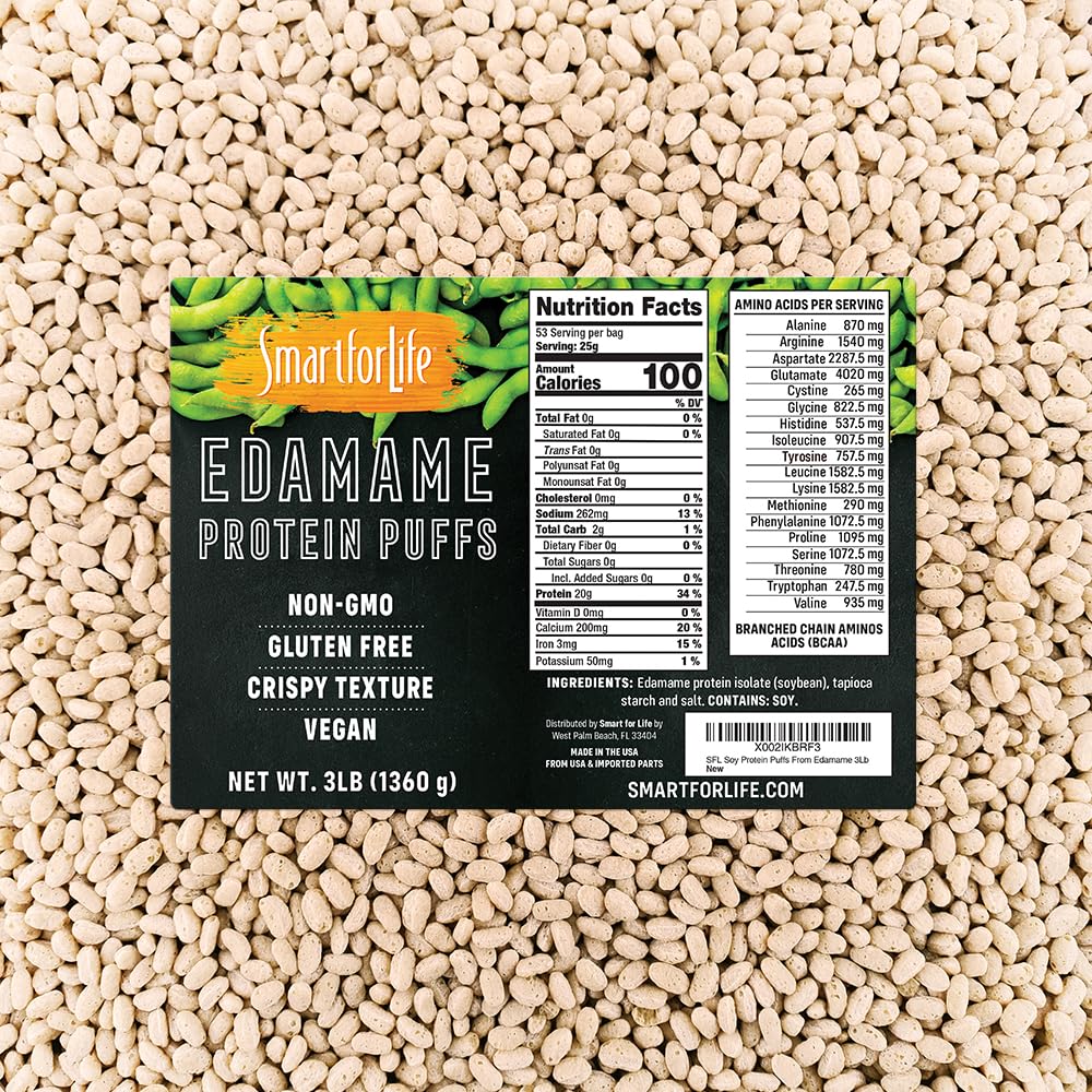 Smart for Life Soy Protein Puffs fra Edamame - High Protein Zero Sugar Soy Protein Isolate Puffs - 20 Bedste Protein Snacks - Non-GMO, Gluten- Free - 3 pound Box - 53 Serveringer - Soy Puffs...