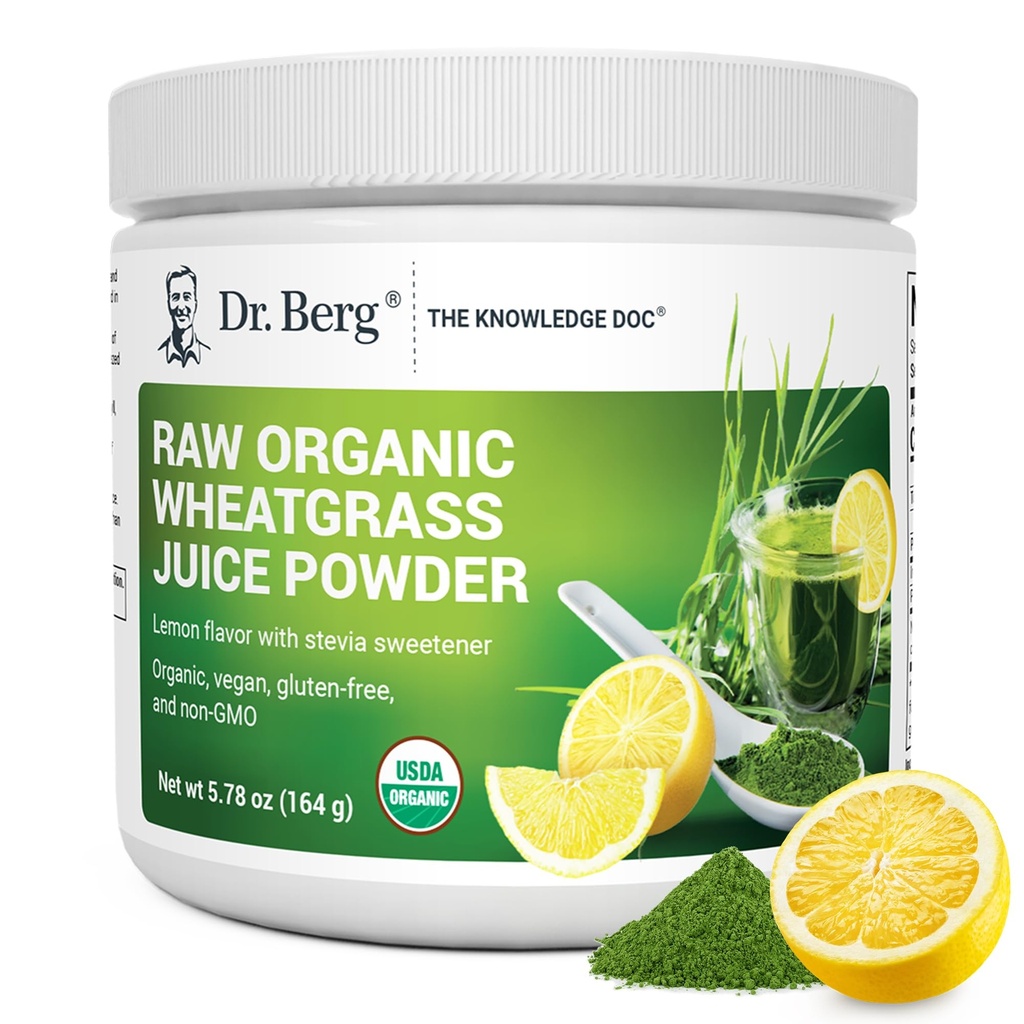 Dr. Berg USDA Certified Organic Green Powder Superfood (60 Servering) - Lavet med rå Wheatgrass, Chlorophyll, Trace Minerals & Natural Enzymes - Non- GMO Green Superfood Powder - Lemon Flavor