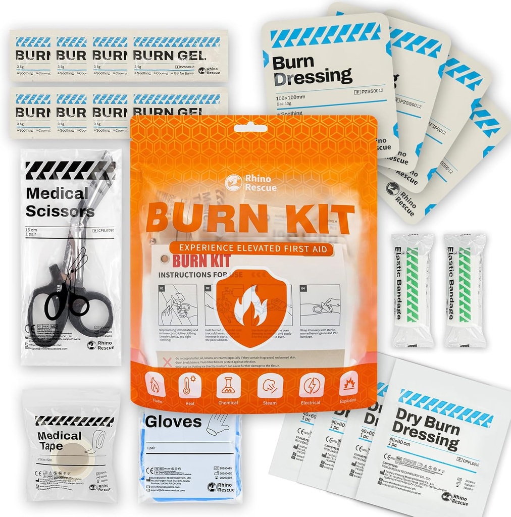 RHINO RESCUE Burn Kit, 4pcs Burn Dressings 4x4 ", 8pcs Burn Gel Packets 3,5g, 4pcs Burn Pads, Førstehjælp Kit Cooling Lindrende Cream Relief med Bandage, Nitrile Gloves, Saks, Tape, HSA / FSA Støtteberettiget