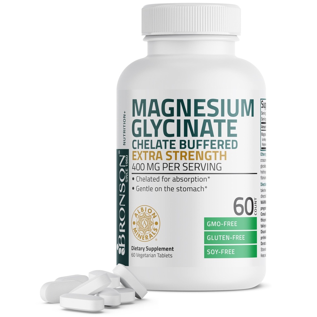Bronson Magnesium Glycinat 400mg Extra Strength, Vegetar, Chelated for Absorption Gentle on The Mave, Non- GMO, 60 tabletter