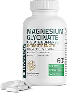 Bronson Magnesium Glycinat 400mg Extra Strength, Vegetar, Chelated for Absorption Gentle on The Mave, Non- GMO, 60 tabletter