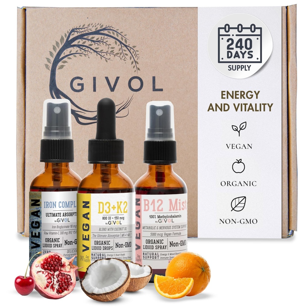 Energy & Vitality Bundle Liquid Vitamin Spray Trio - B12 Methylcobalamin, Iron Bisglycinate, and D3 (Lichen) & K2 (MK4 & MK7), Non-GMO, Gluten Free, Sugar-Free, 2 Fl Oz (60 ml) 540 Days Supply