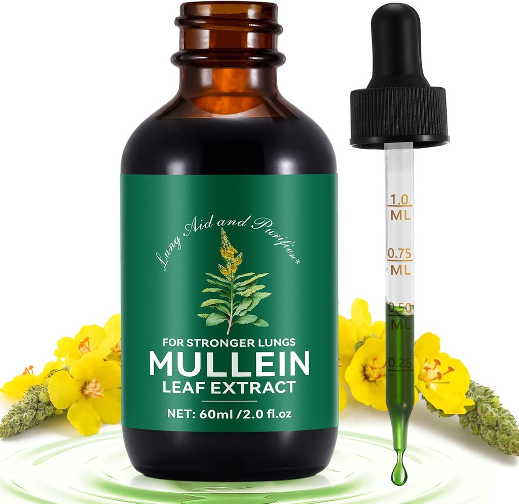 Mullein Drops til Lungs 2 Fl Oz, Natural Mullein Leaf Drops, Fast Absorption Liquid Mullein Extract Supplement, Lung Cleanse, 1 Måned Supply