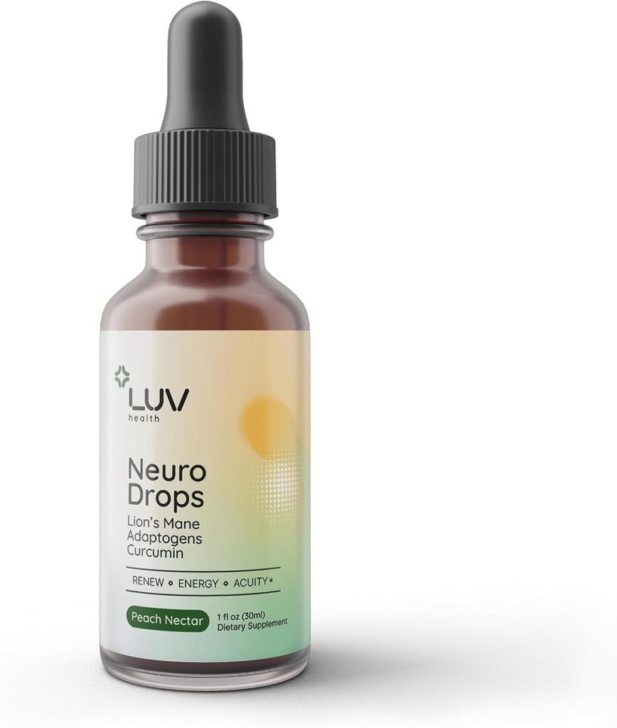 LUV sundhed Neuro Drops - Nerve Pain Support & Joint Comfort med Lions Mane, Curcumin, Cordyceps & Reishi - Organic Adaptogens - Vegan, Non- GMO, Lavet i USA - 30 Serveringer