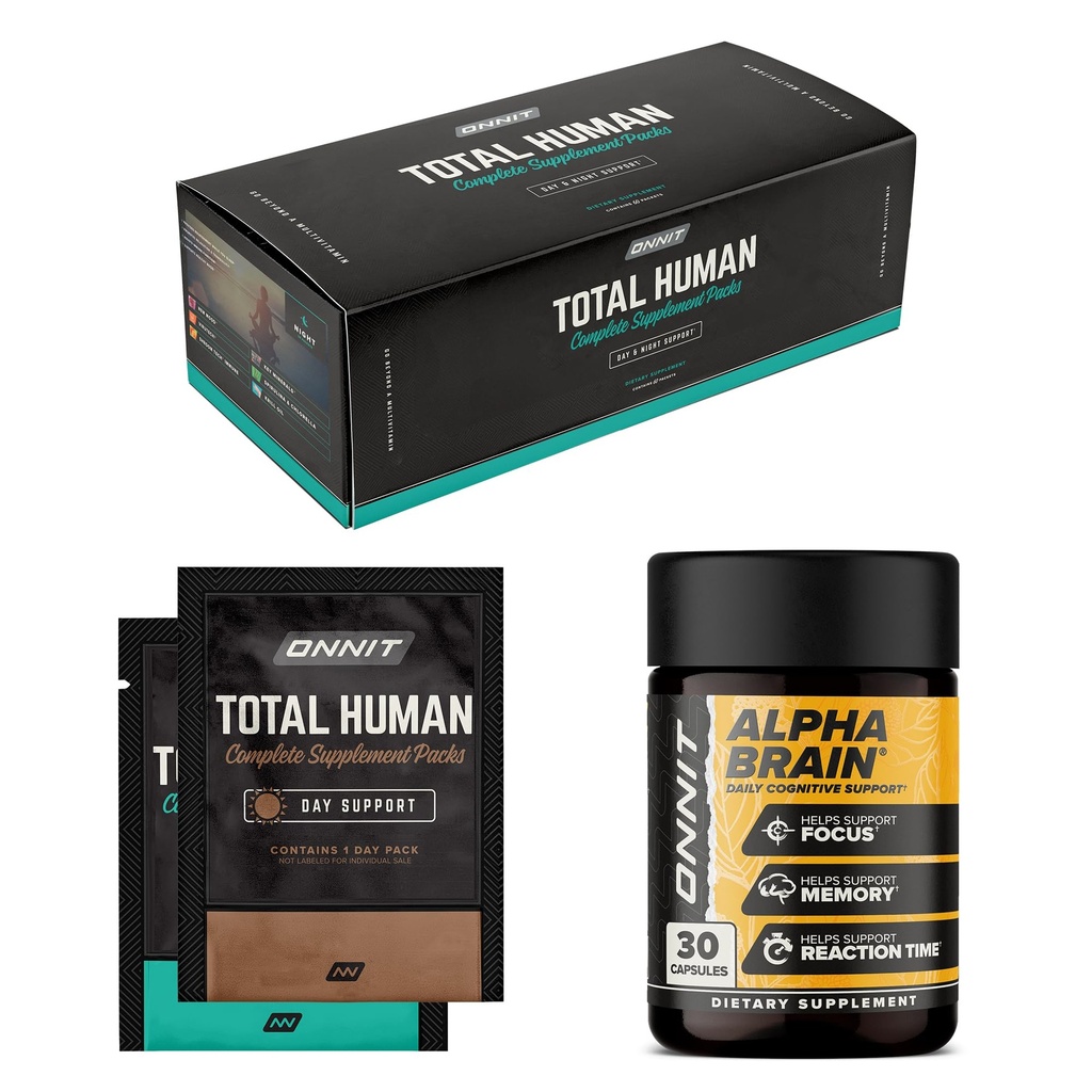 ONNIT Premium Alpha Brain Bundle - Nootrop Brain Supplement (30 Greve) for fokus, koncentration og hukommelse + alt menneske dag og nat vitaminpakker til mænd og kvinder (30-dages forsyning)