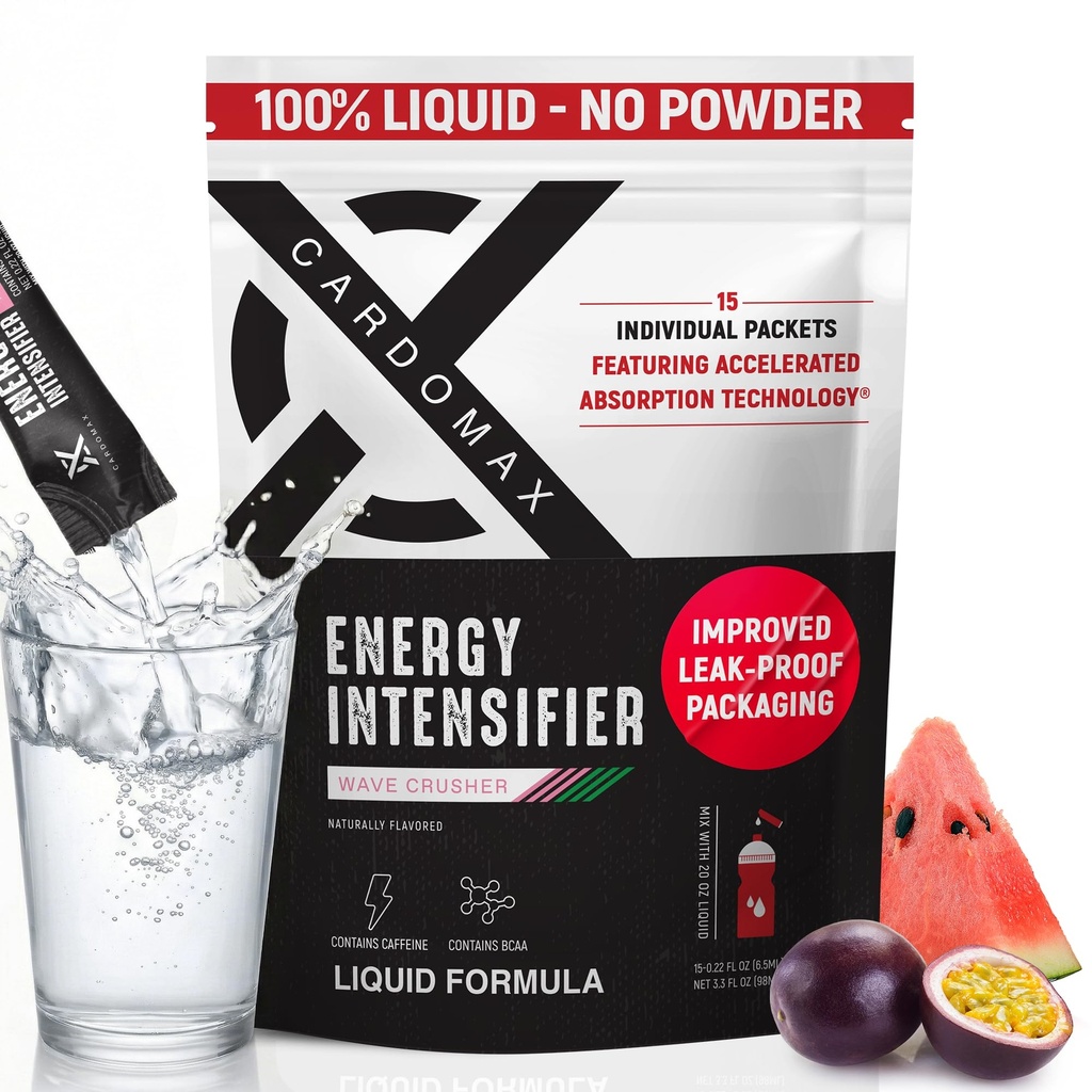 CardoMax - Energy Drink Packets - Liquid Preworkout for Men & Women Caffeine Packets with BCAA, Vitamin B12, Vitamin B6 & B3 - Sugar-Free, Zero Calorie, Vegan & Keto - 15 Stick Packs - Wavecrusher