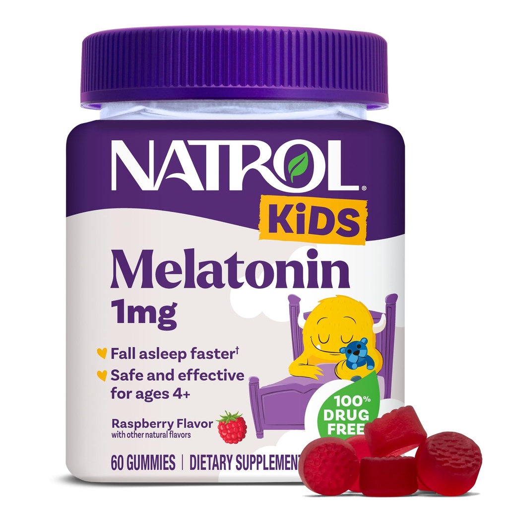 Natrol Kids Melatonin Gummies 1mg, Children 's Melatonin for Rastful Søvn, 60 Raspberry- Søvn Gummies, 60 Day Supply