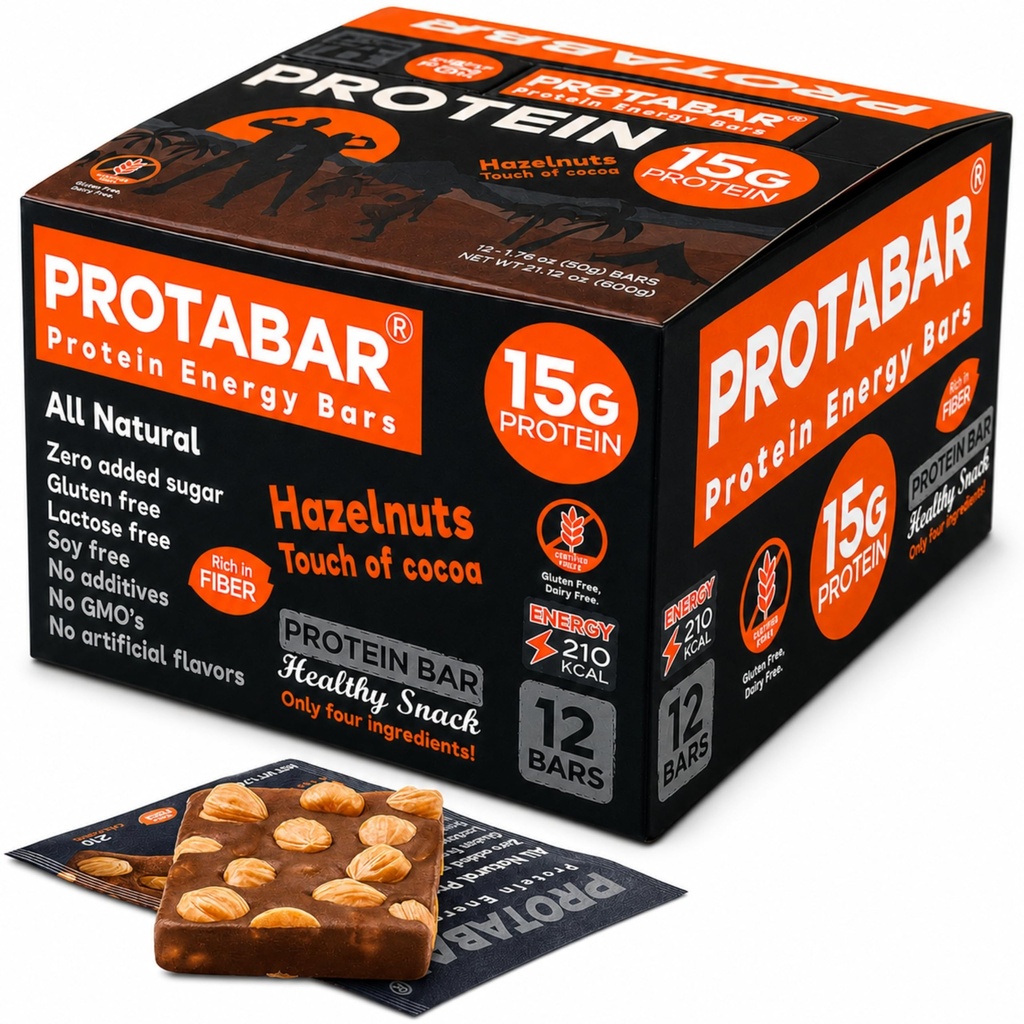 PROTABAR Egg White Protein Bars, 15g Protein, No Added Sugar, 12 Count | 4 simple ingredients with Deglet Nour dates and whole hazelnuts
