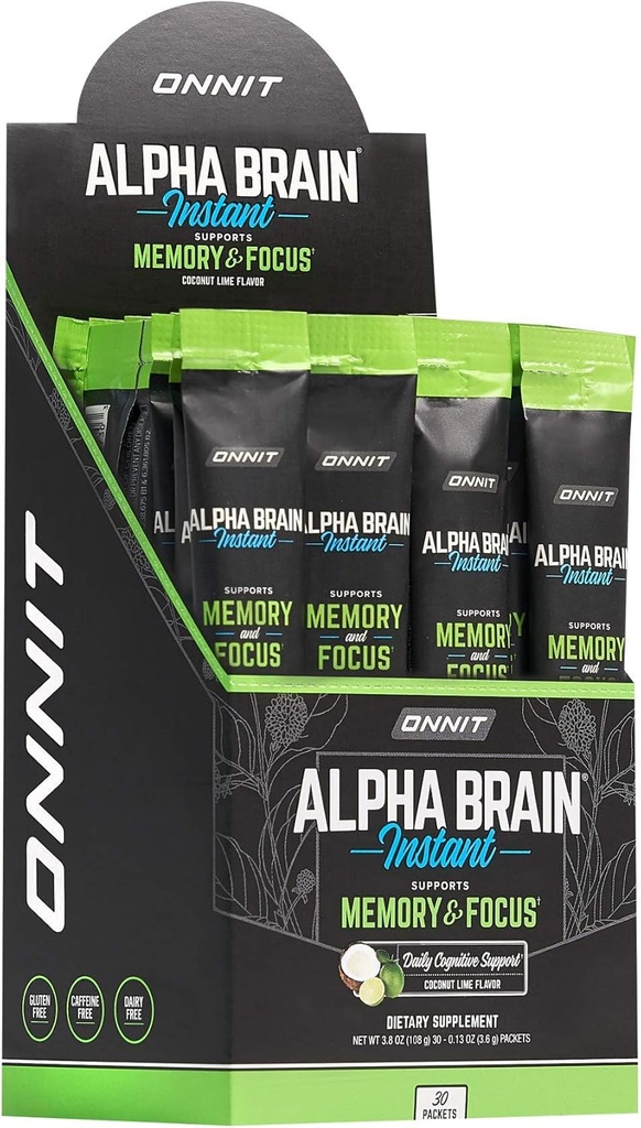 ONNIT Alpha Brain Instant - Coconut Lime Flavor - Nootrop Brain Booster Memory Supplement - Brain Support for Focus, Energy & Clarity - Alpha GPC Cholin, Katte Claw, L-Theanine, Bacopa - 30ct