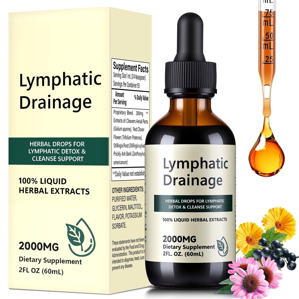 Organic Lymphatic Drainage Drops, Lymphatic Drainage Supplement for Healthy Lymph Circulation, Reduce Bloating & Support Detox, Alcohol-Free Liquid Blend, 2 Fl Oz(60ml)