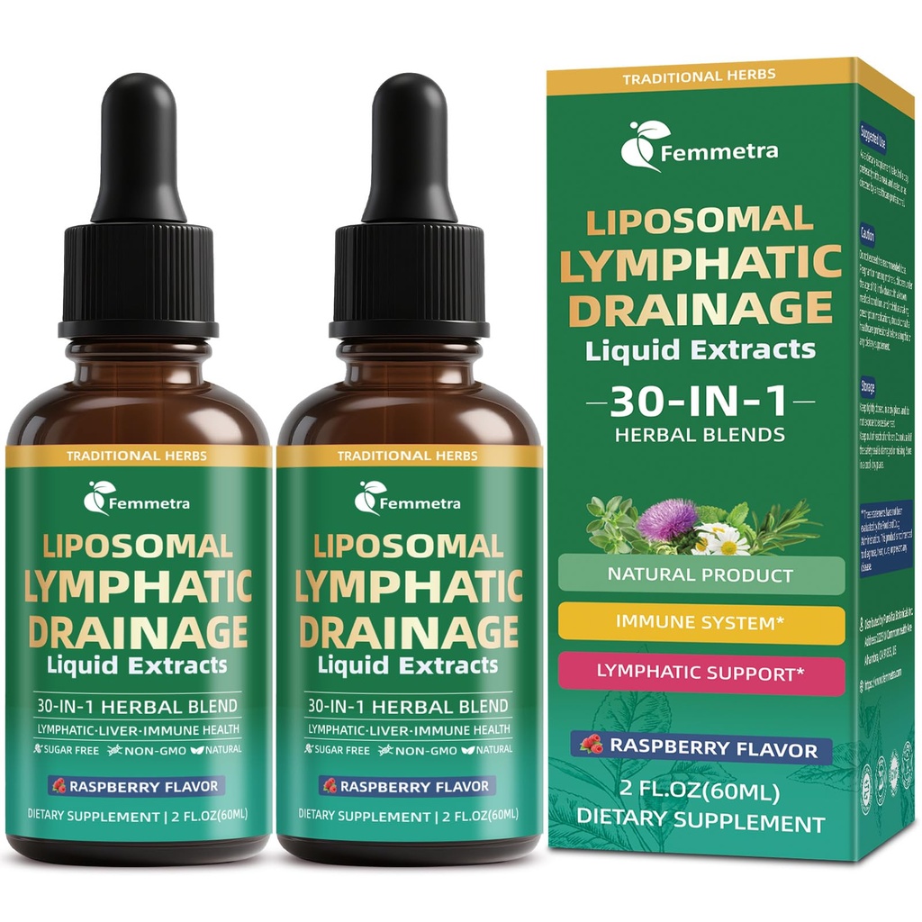 (2 Pack) Liposomal Lymphatic Drainage Supplements with 30-in-1 Herbal Blend - Echinacea | Oregano | Milk Thistle - Sugar Free Lymph System Drops - Immune Support, Cleanse & Detox, Raspberry Flavor