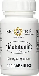 Bio-Tech Pharmacal Melatonin (5 mg), 100 Capsules – All-Natural Supplement – Support Sleep, Cardiovascular, Immune, & Bone Health – No Dairy, Fish, Gluten, Peanut, Shellfish, GMOS, & Soy – No