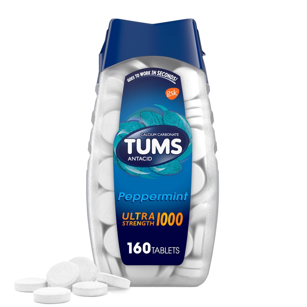 TUMS Ultra Strength Chewable Antacida Tablets for Heartburn Relief, Pebermynte - 160 Greve