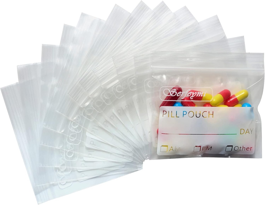 Serfeymi Pill Tasker til rejse Pill Pouch Organizer Pack af 120 BPA Gratis 3 x 2,75 tommer Genanvendelige Pill Pouches til medicin med Skriv på Label & Zipper Seal Vandtæt AM PM Pill Tasker til kosttilskud