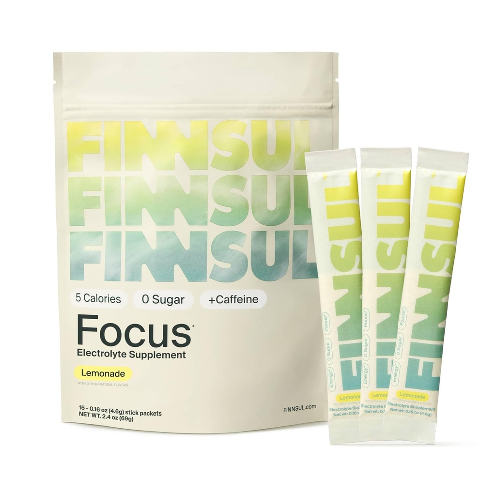 Focus + Caffeine Electrolyte Drink Mix Cognizin, Magnesium, Biotin, Vitamin B for Energy, Hydration & Mental Clarity — Sugar Free, Low Calorie (15 Packets), Lemonade