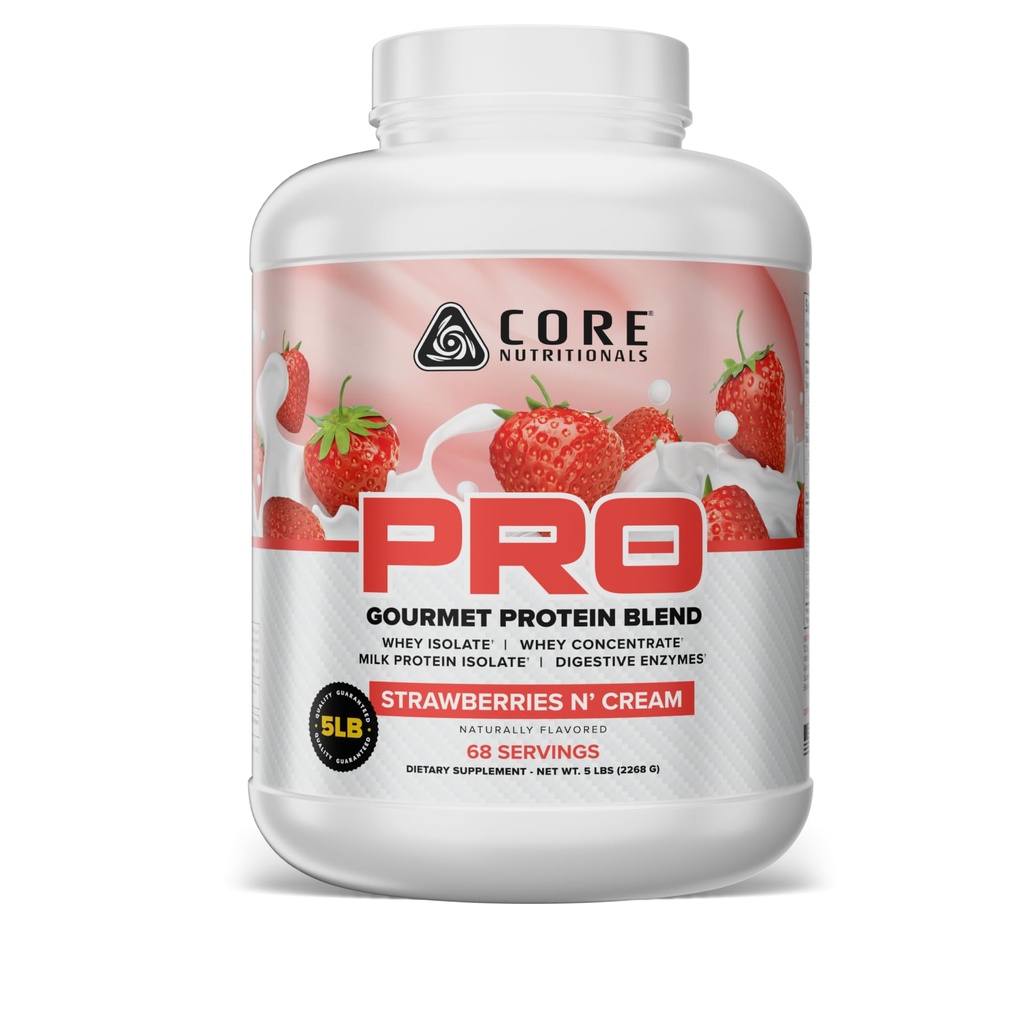 Core Nutritionals PRO Gourmet Protein Blend | Whey Protein Blend | with MCTs & Digestive Enzymes | Sustained Release Protein & Recovery Support | 68 Servings (Strawberries N Cream)
