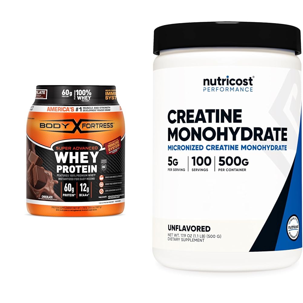 Body Fortress 100% Whey Protein Powder Chocolate 1.78lbs & Nutricost Creatine Monohydrate Micronized Powder 500G 5000mg Per Serv