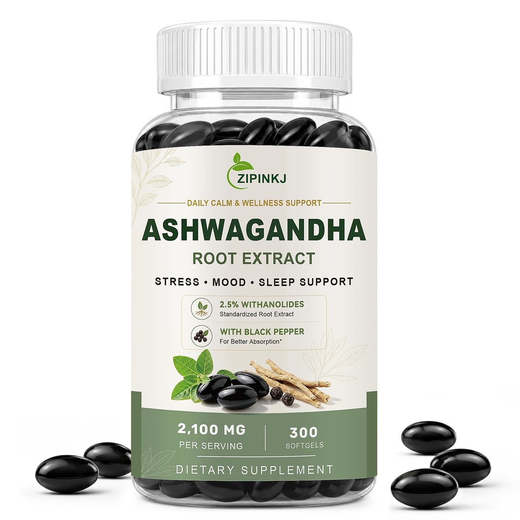 Organic Ashwagandha Supplement 2100mg - Ashwagandha Root Extract Softgels with Vitamin D2 & Black Pepper - Stress, Mood & Sleep Support, Non-GMO, Gluten-Free - 300 Softgels (100 Day Supply)