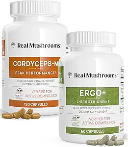 Rigtige svampe Ergothioneine (60ct) og Cordyceps- M (120ct) Bundle med Shiitake og Oyster Mushroom Ekstrakter - Longevity and Energy - Vegan, Gluten Free, Non- GMO - Naturlig støtte til sund aldring