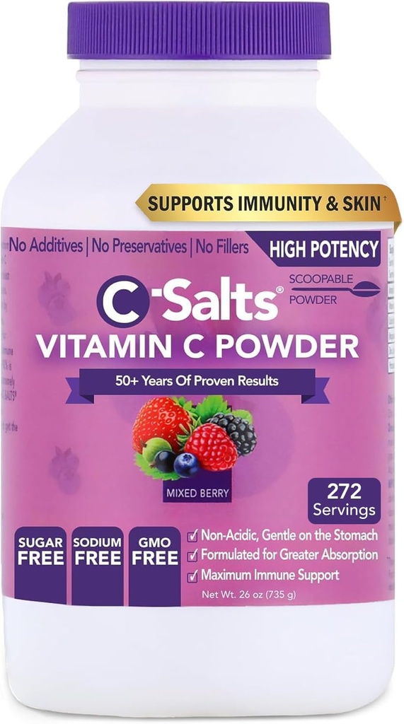 C- Salte C-vitamin pulver supplement - 100% Pure High Dosis Buffered C-vitamin pulver til immunforsvar - Økologisk, sukkerfri, Vegan, Non- GMO, Stomach- Friendly, blandet berry 26oz