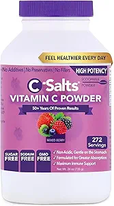 C- Salte C-vitamin pulver supplement - 100% Pure High Dosis Buffered C-vitamin pulver til immunforsvar - Økologisk, sukkerfri, Vegan, Non- GMO, Stomach- Friendly, blandet berry 26oz