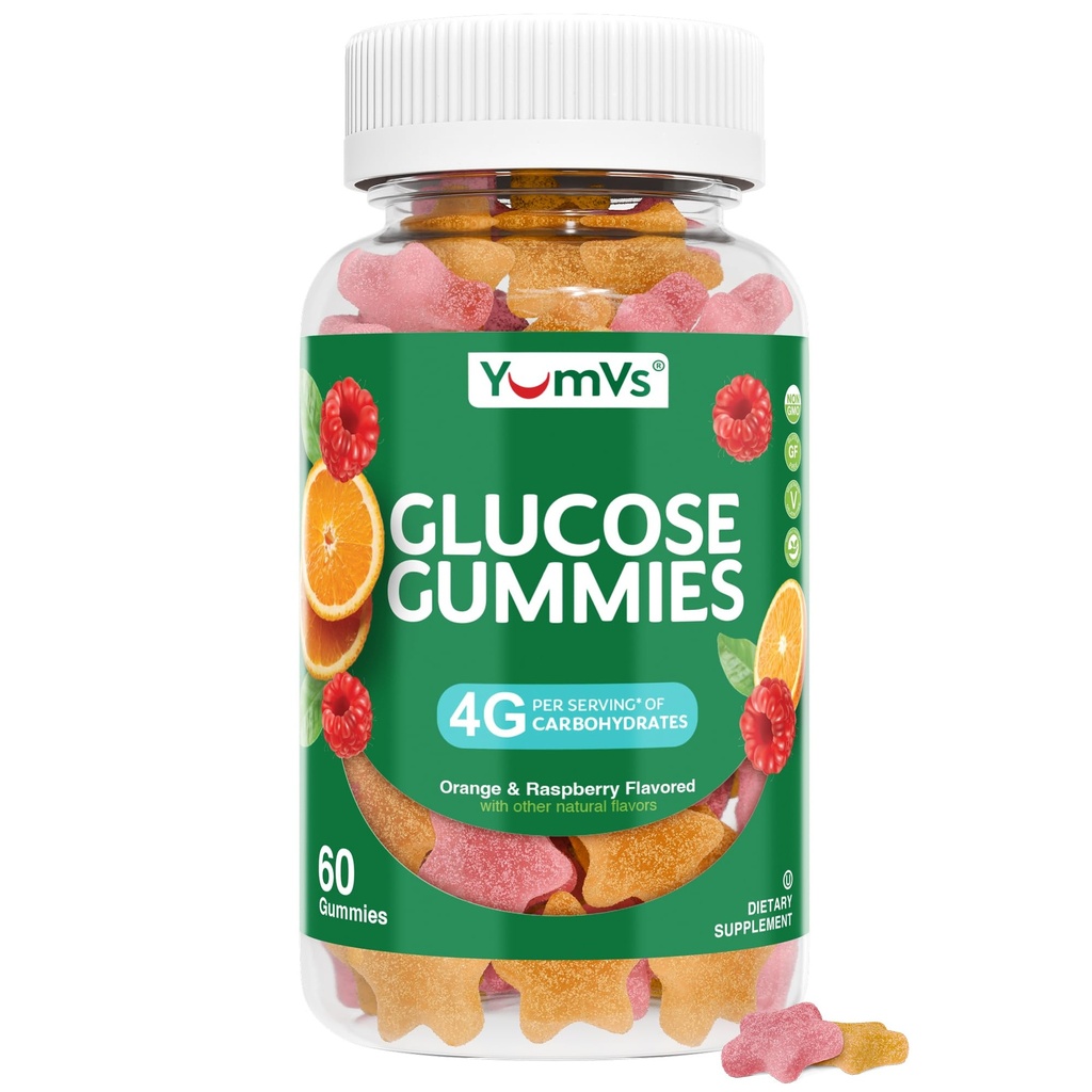YUM- V 's Glucose Gummies - Fast fungerende Glucose Gummy - Great Tasting - Gluten Free, Vegan, Non-GMO - Orange & Berry Natural Flavor - 60 tyggetumies til voksne & børn
