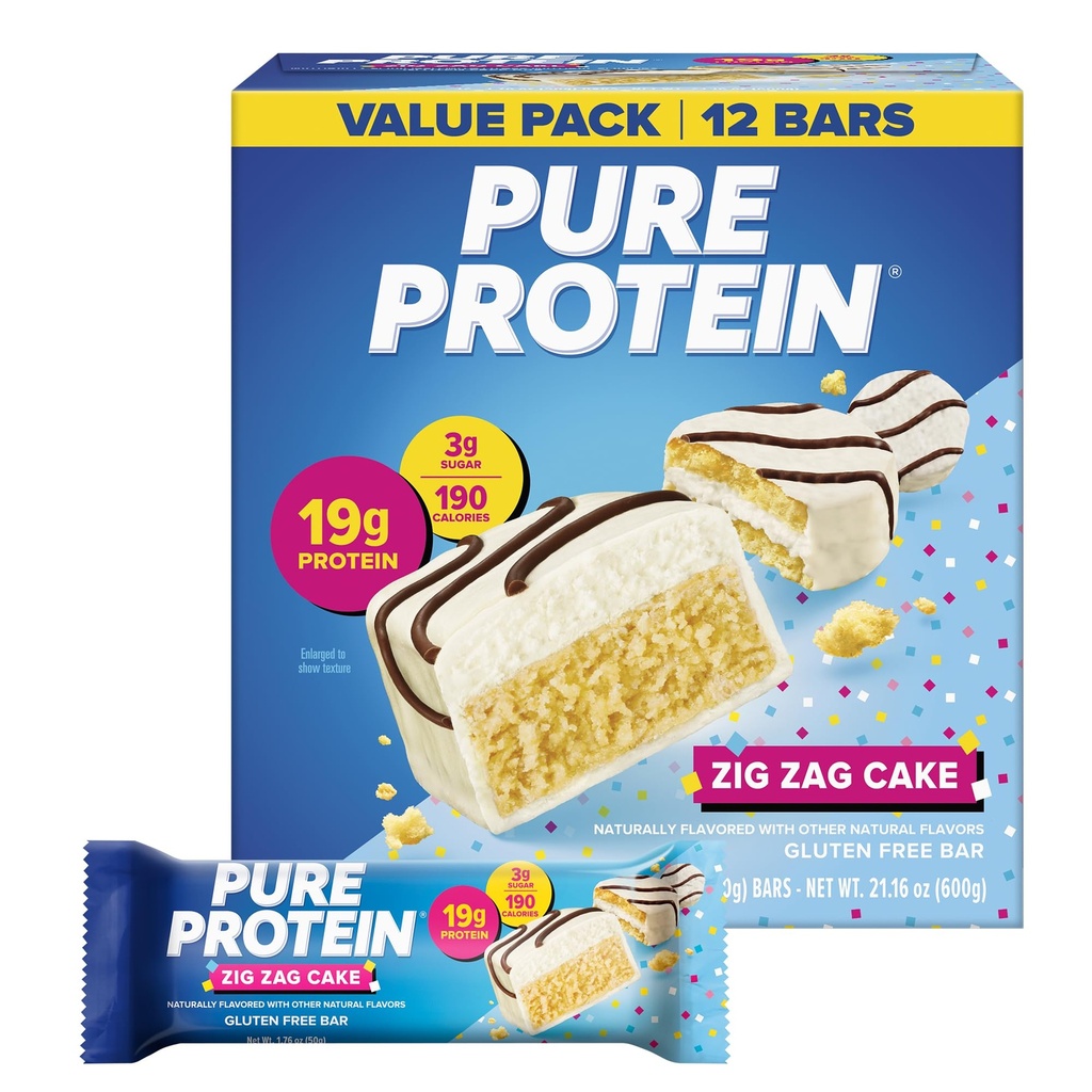Pure Protein Zig Zag Cake Protein Bars – 19g Protein, 3g Sugar, 190 Calories (12 count) Low Sugar* High Protein Snack - Gluten Free - Perfect for a Healthy Snack.