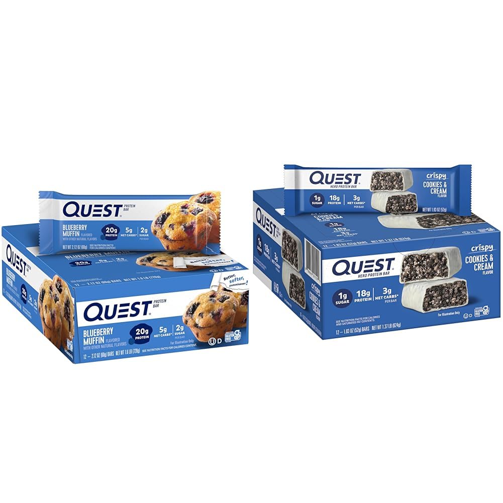 Quest Blueberry Muffin & Cookies & Cream Hero Protein Bars Bundle, High Protein, Low Carb, Gluten Free, Keto Friendly, 12 Count Each (Pack of 2)