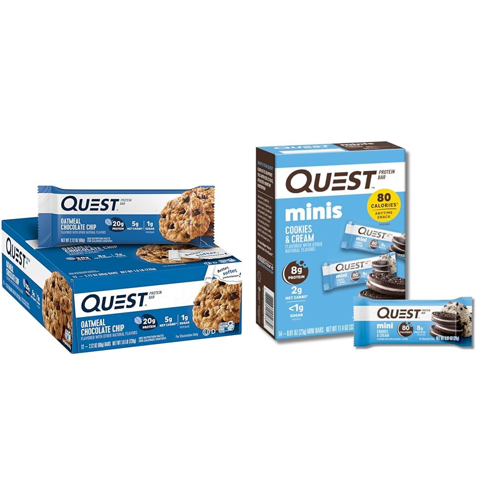 Quest Protein Bars Bundle: Oatmeal Chocolate Chip (12 Count) and Cookies & Cream Mini (14 Count)