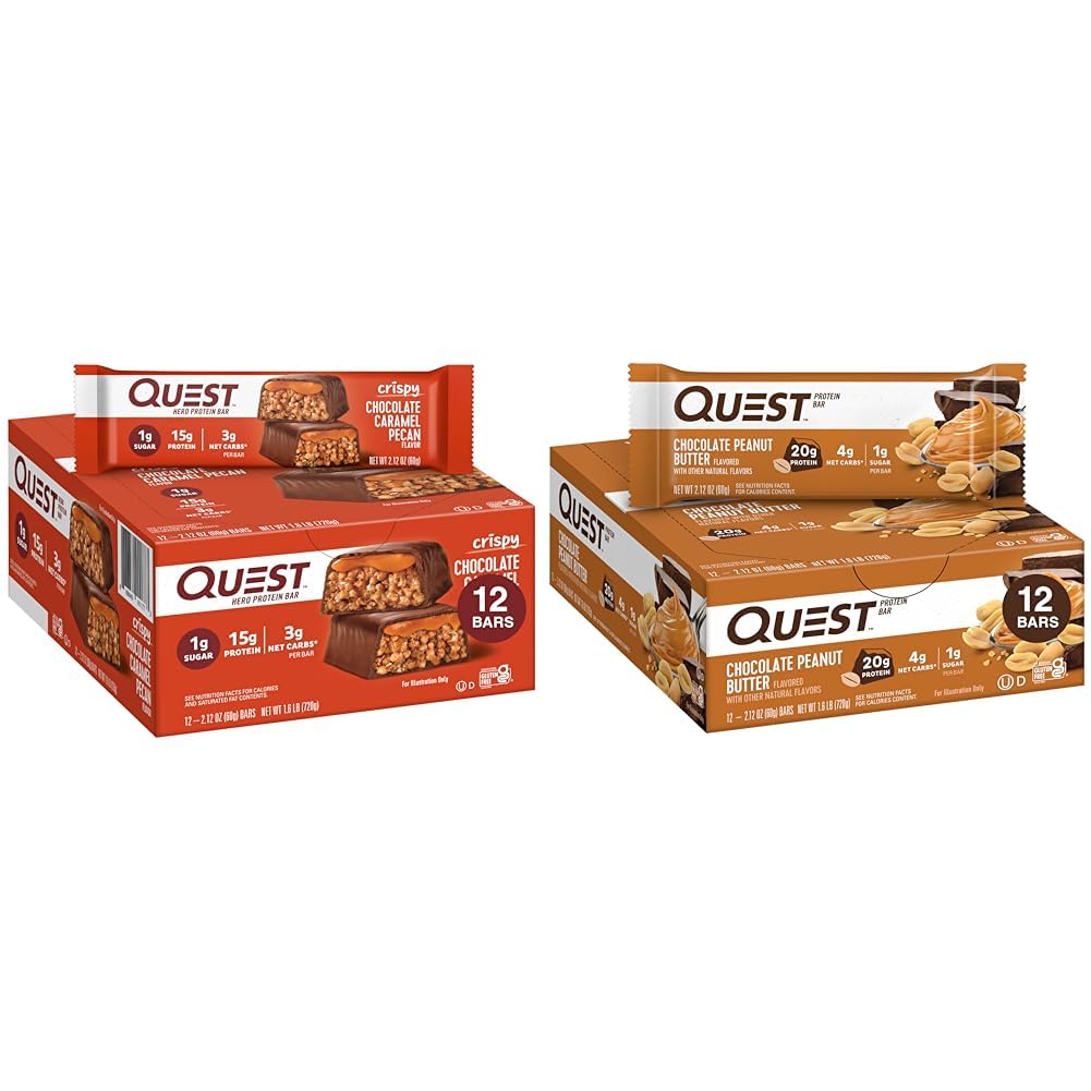 Quest Nutrition Crispy Chocolate Caramel Pecan Hero Protein Bar, 15g Protein, 1g Sugar, 3g Net Carb & Chocolate Peanut Butter Bars, High Protein, Low Carb, Gluten Free, Keto Friendly
