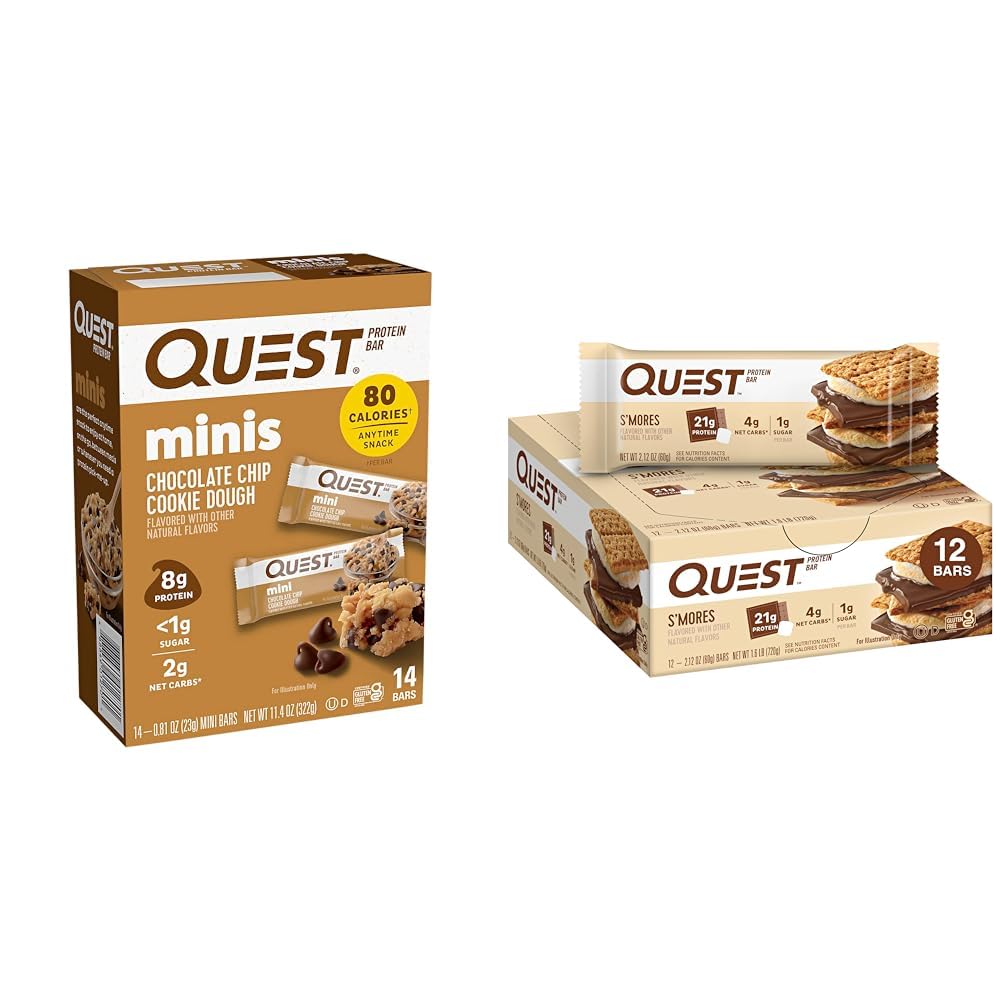 Quest Nutrition Mini Chocolate Chip Cookie Dough Protein Bars, High Protein, Low Carb, Keto Friendly, 14 Count & S'mores Protein Bar, High Protein, Low Carb, Gluten Free, Keto Friendly, 12 Count