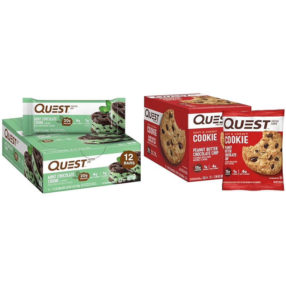 Quest Mint Chocolate Chunk Protein Bars, High Protein, Low Carb, Gluten Free, Keto Friendly, 12 Count and Peanut Butter Chocolate Chip High Protein Cookie, Keto Friendly, Low Carb, 24.5 Oz, 12 Count