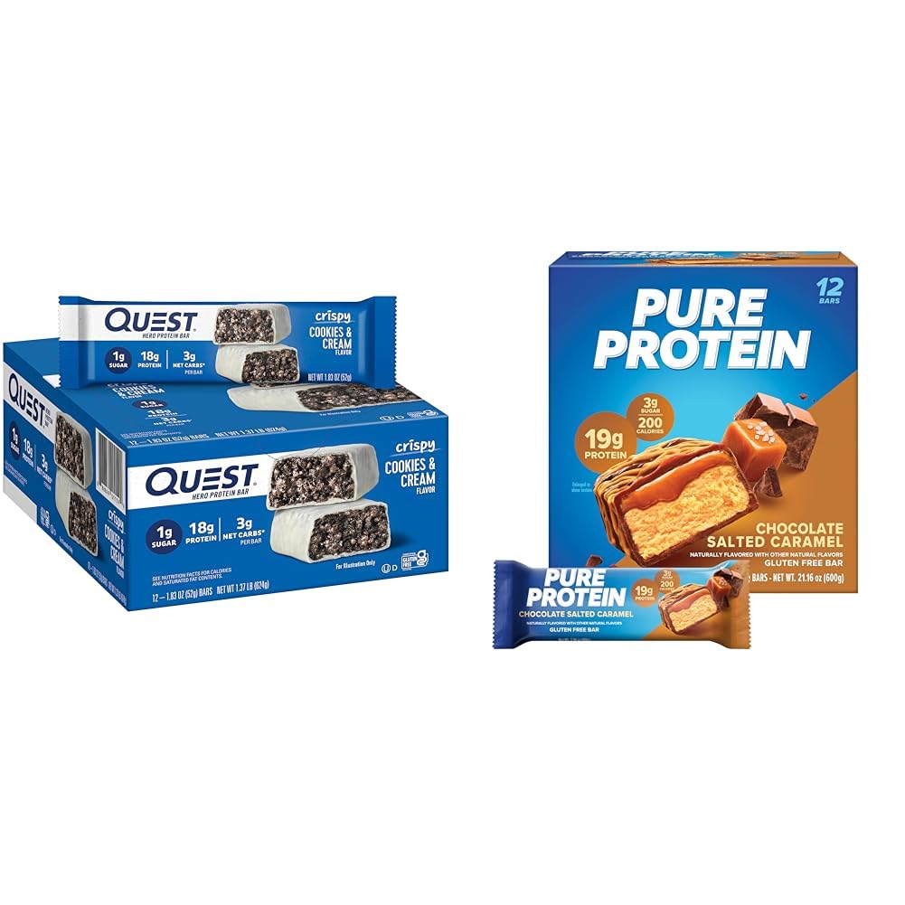 Quest Cookies & Cream Hero Protein Bar with Pure Protein Chocolate Salted Caramel High Protein Bars, 12 Count Each