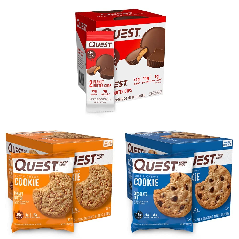Quest Nutrition Protein Snacks Bundle - Peanut Butter Cups, Peanut Butter Cookies and Chocolate Chip Cookies (12 Count Each)
