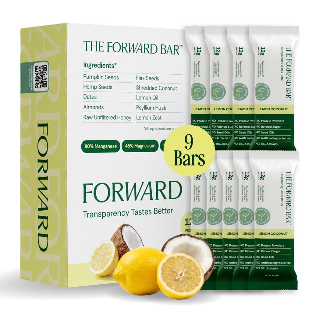The Forward Bar – Lemon Coconut Protein Bar | Whole Food, Plant-Based, Gluten-Free, Dairy-Free, Non-GMO | 12g Complete Protein, High Fiber, Healthy Snack & Meal Replacement | Box of 9 Bars